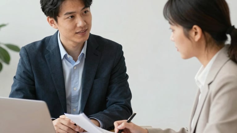 A man and a woman in business attire have a conversation. The woman takes notes as the man speaks.