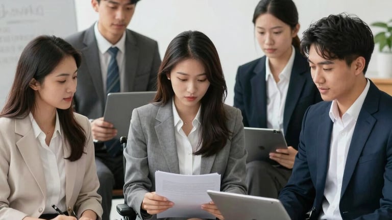 A group of five young adults are dressed in business attire and review a paper resume.