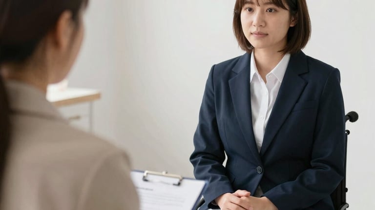 A woman in business attire sits in a wheelchair and answers interview questions.