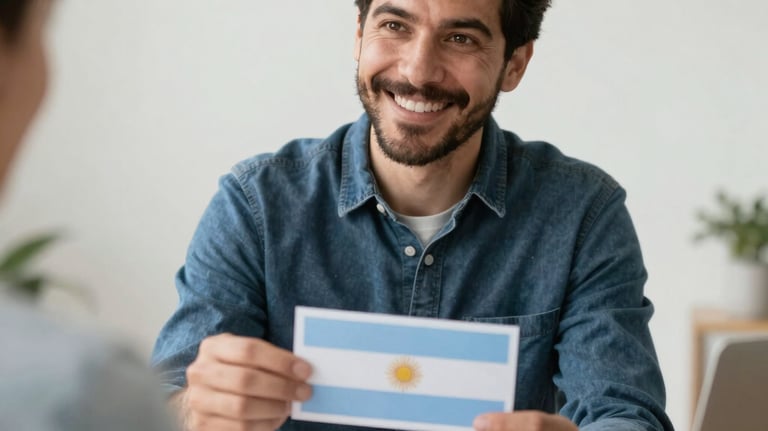 Close-up of hands shaking over a loan agreement with Argentine flag in background