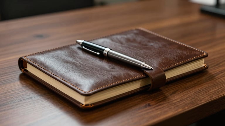 A close-up of a high-quality leather notebook and a sleek pen on a wooden table in an International / Global boardroom. The lighting is elegant and focused, emphasizing precision and thought.