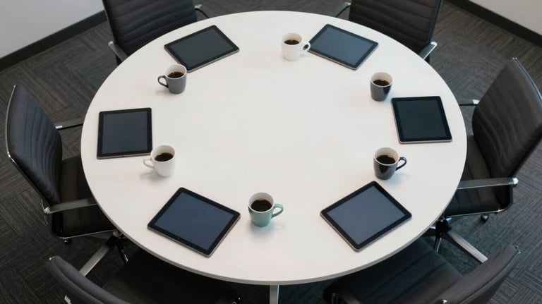 An aerial view of a clean, white round table in an International / Global meeting room. Several coffee cups and professional tablets are arranged neatly. The scene represents a harmonious brainstorm session.