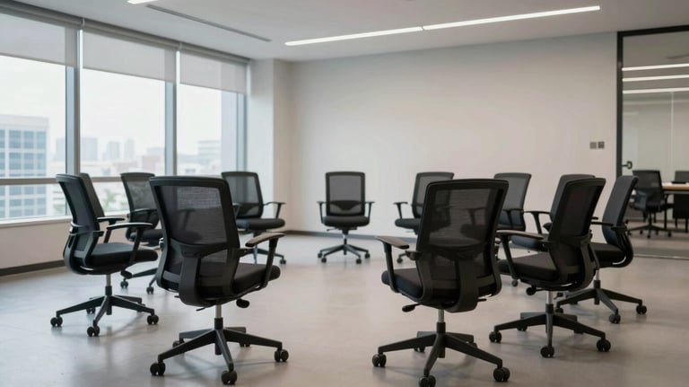 A modern, bright training room in an International / Global corporate building. Modern ergonomic chairs are arranged in a circle, suggesting an inclusive and collaborative learning environment.