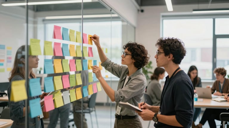 A group of professionals engaged in a workshop in a bright International / Global studio. They are working with colorful notes on a glass wall. The atmosphere is energetic, creative, and collaborative.