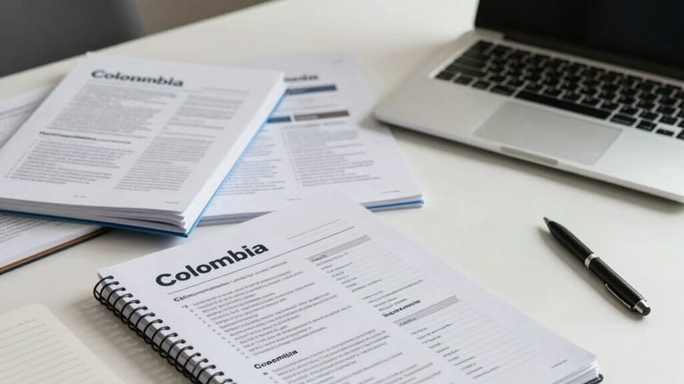 A workspace with multiple printed study guides, a laptop, and a notebook, arranged neatly in a bright room in Colombia.