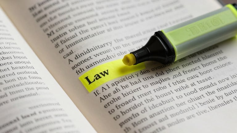 Macro shot of an open legal book with a yellow highlighter, focusing on text related to administrative law, soft indoor lighting.