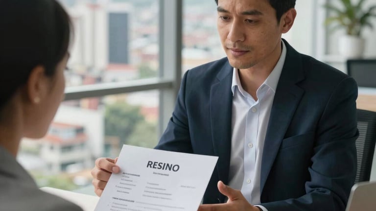 A consultant in professional attire reviewing a resume with a candidate in a modern office with views of a Colombian cityscape.