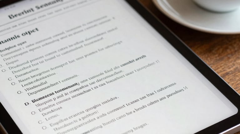 Close-up photography of a tablet displaying a complex multiple-choice questionnaire with a cup of Colombian coffee on a wooden desk.