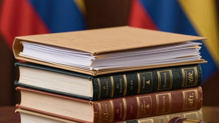 A professional set of physical folders and bound law books with Colombian flags in the background, symbolizing legal and state knowledge.