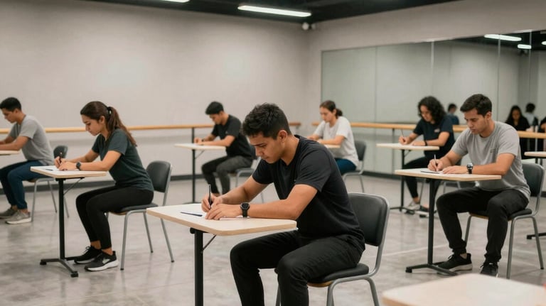 A wide shot of a modern training room in Colombia where a group of professionals is engaged in a mock examination process, neutral colors.