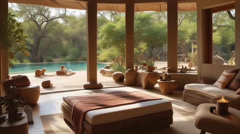 A tranquil spa room with soft lighting and plush seating
