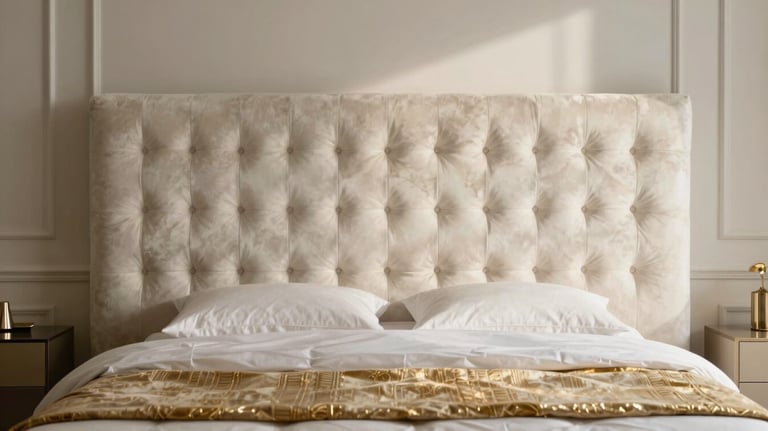A luxury master bedroom design in an Indian home featuring a plush headboard, layered lighting, and a palette of off-white and gold, shot with soft natural light.
