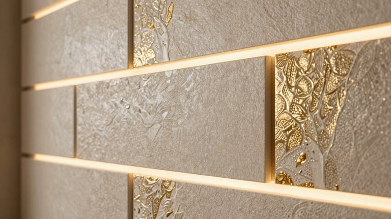 A close-up shot of a textured luxury wall panel design with integrated lighting, showing off-white and gold color tones, South Asian / Indian home.