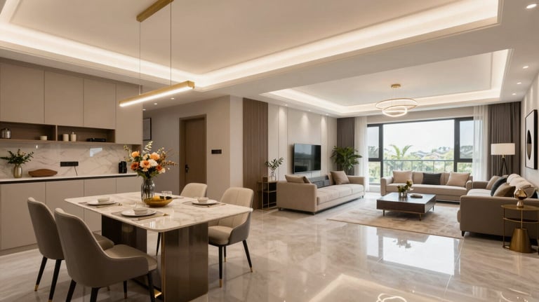A wide shot of a completed luxury turnkey interior project in Ranchi, showcasing a seamless transition between the dining area and the living room.