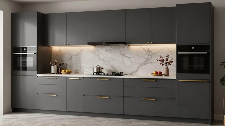 A professional photograph of a sleek, modern modular kitchen in a Ranchi residence, featuring dark grey cabinets and gold hardware.