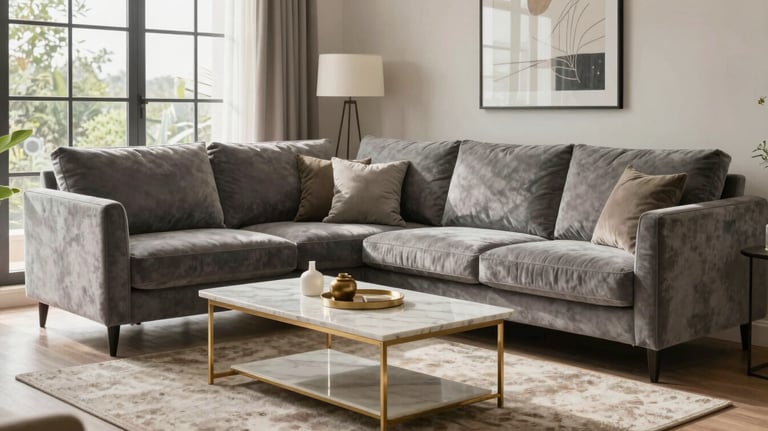 A bright and airy living room in Ranchi featuring a modern velvet sofa, a marble coffee table with gold legs, and large windows.