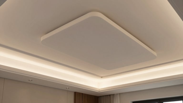 A sophisticated false ceiling installation in a luxury Ranchi home, featuring layered gypsum work and elegant hidden LED lighting.