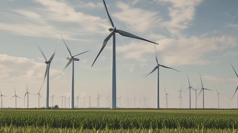 Solar panels and wind turbines set against a clear blue sky