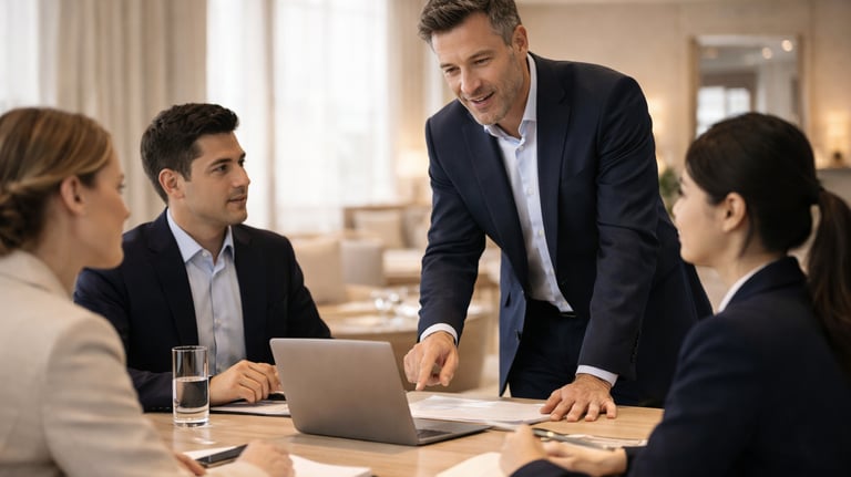 Hospitality consultant leading a strategy meeting with hotel management team