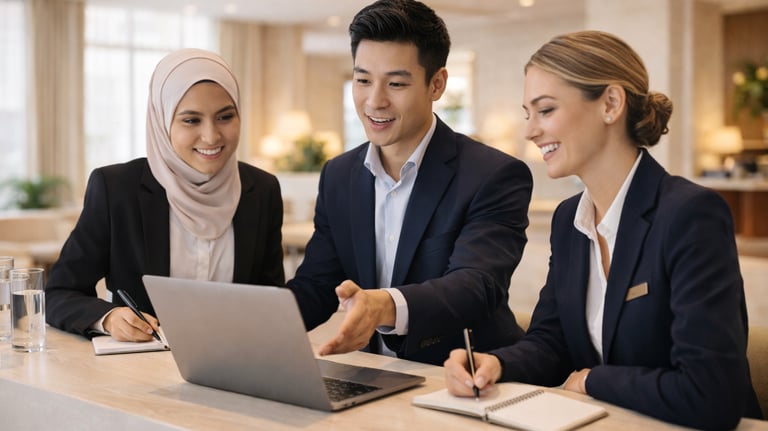 Hospitality professionals collaborating and learning together in a hotel training environment