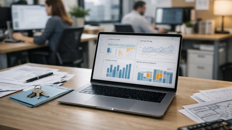 Rental revenue management workspace with laptop showing pricing and occupancy charts, apartment keys