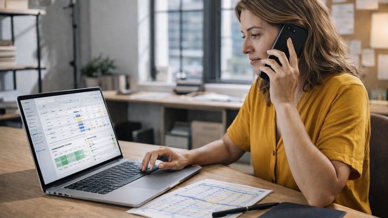 Reservation manager coordinating bookings on a laptop while speaking on the phone in a small modern 