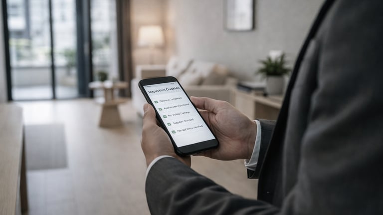 Property inspector reviewing a digital inspection checklist on a smartphone inside a bright modern a