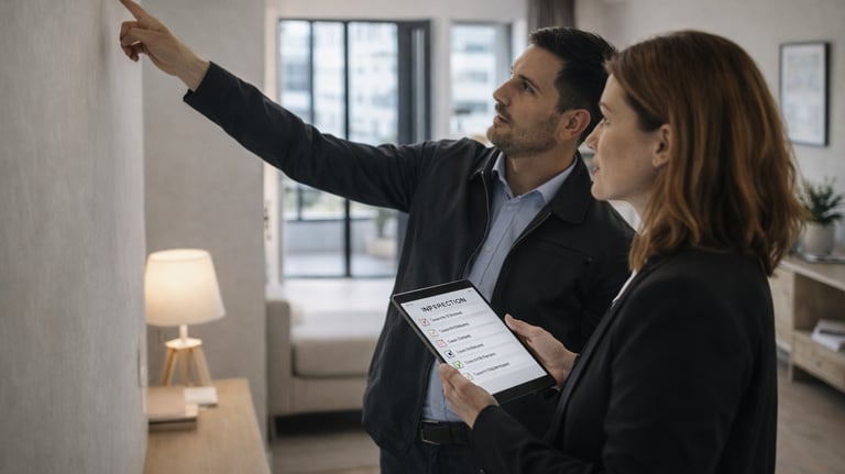 Two property inspectors conducting an apartment walkthrough with a tablet checklist, discussing a ma