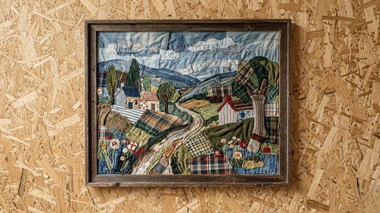 Tableau représentant un paysage bucolique réaliser entièrement en chutes de tissus