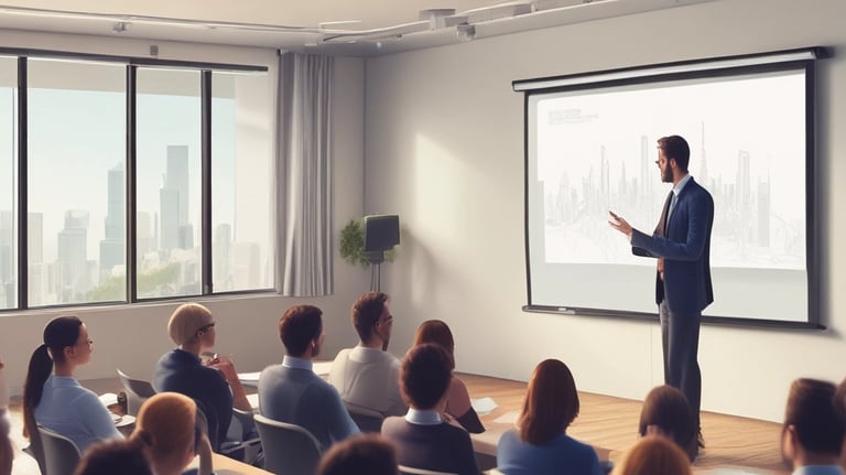 A modern event setup with a projector casting vibrant images on a screen