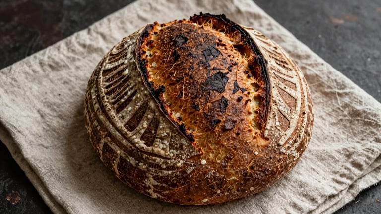 A high-angle photo of a large sourdough loaf on a linen napkin, showing deep scoring marks and a dark brown, crunchy exterior. Rustic and artisanal vibe.