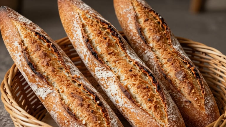 Close-up shot of several traditional French baguettes in a wicker basket, showing their perfectly golden, crispy crust and dusted flour surface. Warm tan colors.