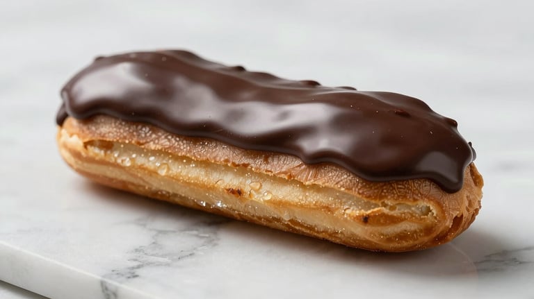 A macro photograph of an éclair au chocolat, glistening with a dark chocolate glaze, resting on a white marble surface. Refined and sophisticated style.