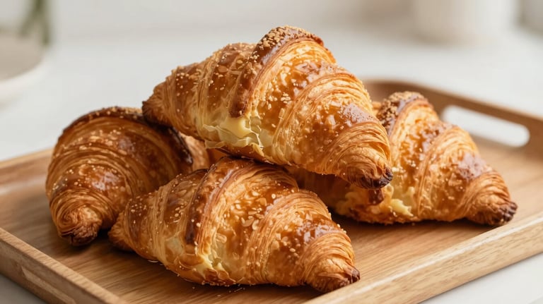 A close-up of buttery, flaky croissants stacked on a tan wooden tray, captured in soft morning light highlighting the delicate layers of pastry.