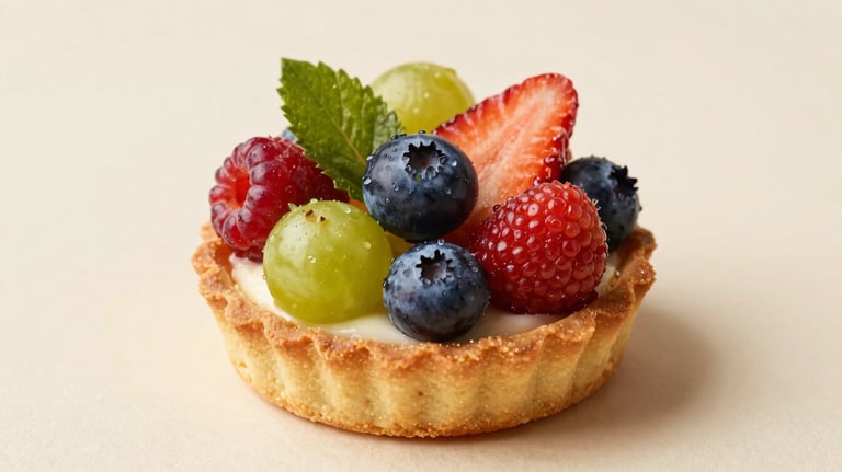 A beautiful tartlet with fresh, colorful forest fruits on a delicate pastry base, shot on a light cream surface with a sophisticated French pastry aesthetic.