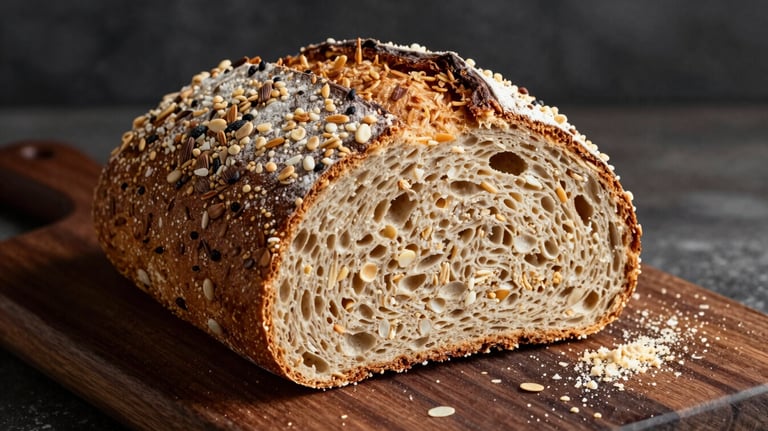 A professional food photograph of a rustic cereal bread loaf, sliced to reveal a dense, seed-filled interior. Placed on a dark brown wooden board with light cream crumbs around it.