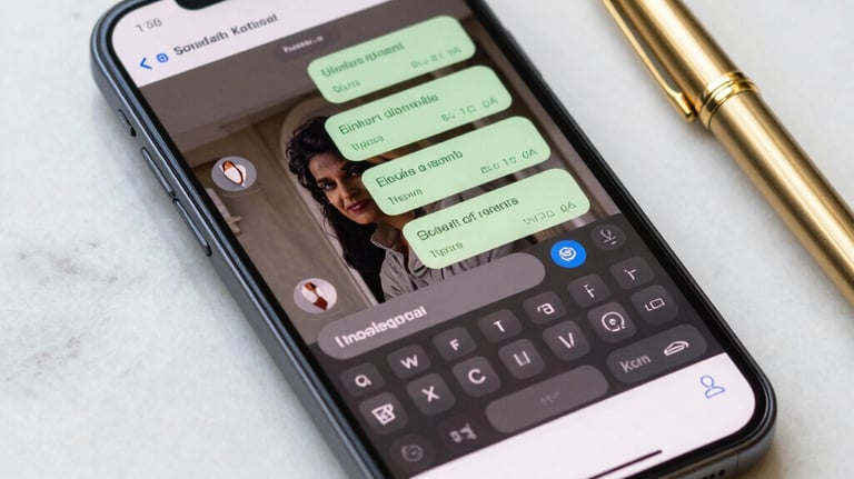 A close-up of a modern smartphone showing a professional messaging interface, sitting on a clean white marble table next to a gold pen, South Asian / Pakistani context, bright natural lighting.