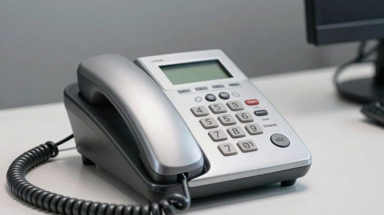 A premium close-up of a silver telephone on a white desk with a soft gray background, emphasizing clarity and professionalism, South Asian / Pakistani corporate setting.