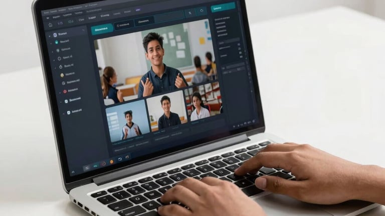 A minimalist shot of a sleek laptop screen showing a futuristic educational dashboard, South Asian / Pakistani student's hands typing, premium lighting.