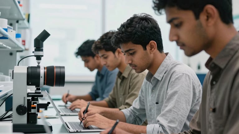 A group of South Asian / Pakistani students in a brightly lit, modern lab environment collaborating on a project using futuristic tools, clean and minimal composition.