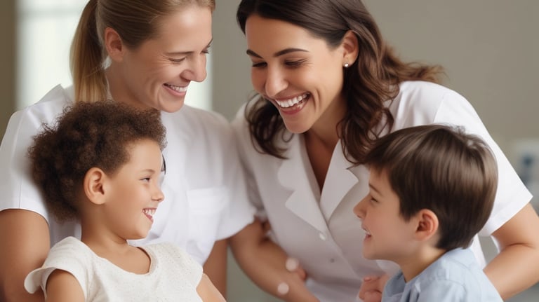 Happy patient interacting with a nurse using advanced medical software.