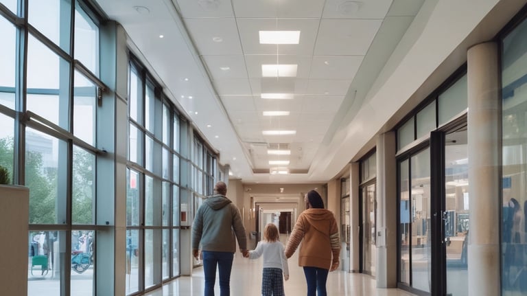 Medical staff collaborating efficiently in a bright, modern hospital corridor.