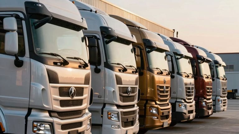 A row of premium heavy-duty transport trucks parked at a modern logistics terminal during sunrise, reflecting metallic surfaces and industrial power, North American / International.