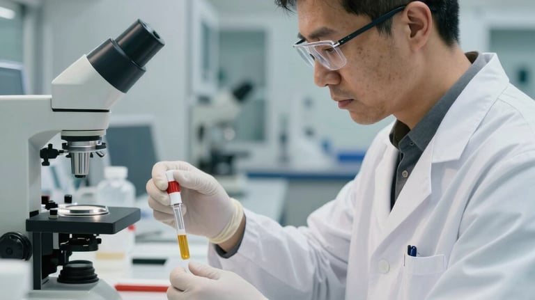 A scientist in a white lab coat conducting quality control on a lubricant sample in a sleek, high-performance research facility, North American / International.