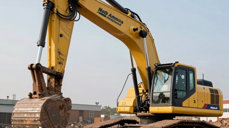 A powerful industrial excavator operating in a rugged terrain, with sharp focus on the hydraulic systems, conveying power and reliability, North American / International.