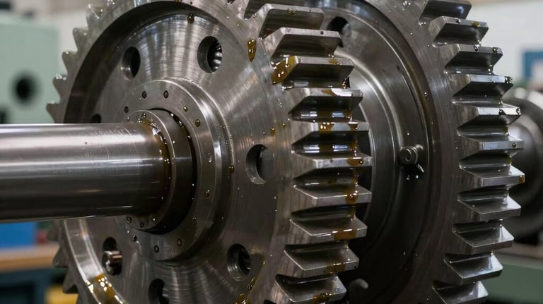 A detailed shot of large industrial steel gears operating within a heavy-duty machine, glistening with protective lubricant under bright workshop lights, North American / International.