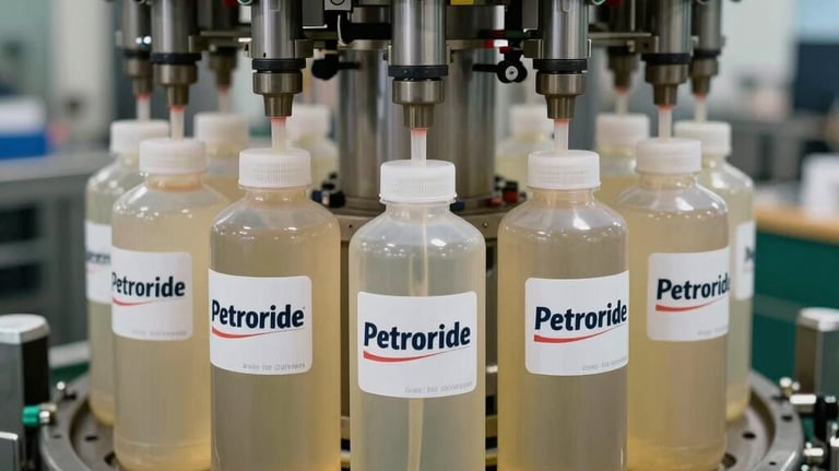 An automated industrial bottling line filling Petroride containers with precision, featuring clean steel surfaces and a high-tech manufacturing vibe, North American / International.