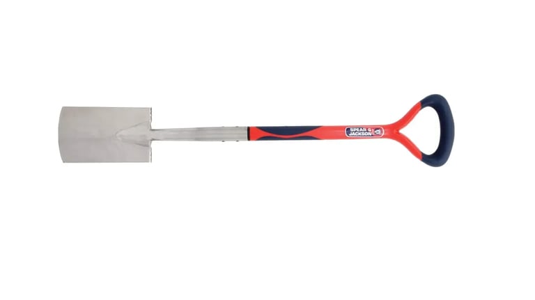 Spear and Jackson professional stainless steel digging spade with an ergonomic red and blue D-handle.