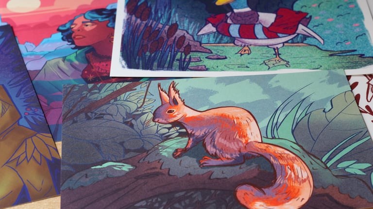 Art prints scattered.Illustra animal illustrations include a squirrel, a duck and a woman.
