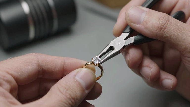 A macro photograph of a master jeweler's hands using delicate pliers to set a brilliant-cut diamond into a custom-designed gold engagement ring mount, North American / US workshop.